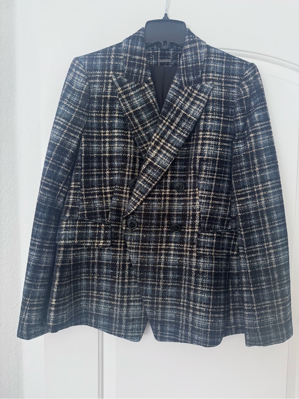 Elie Tahari Black & Cream Plaid Double-Breasted Blazer